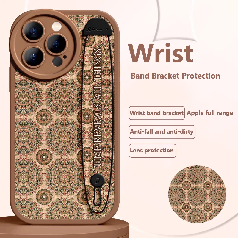 Deluxe Wrist Band Bracket Case For iphone 15 14 13 12 11 Pro Max X XR Xs Silicone Cell Phone Protective Cover Round Flowers