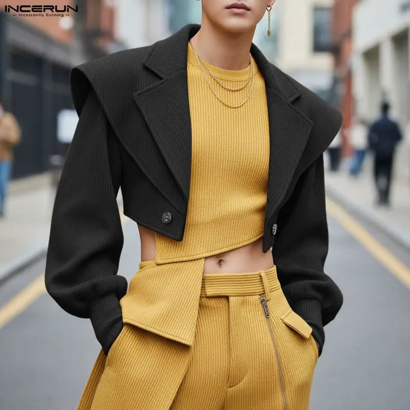 INCERUN Men Blazer Solid Color Lapel Long Sleeve One Button Crop Blazer Men Streetwear Personality Fashion Casual Male Suit 2025
