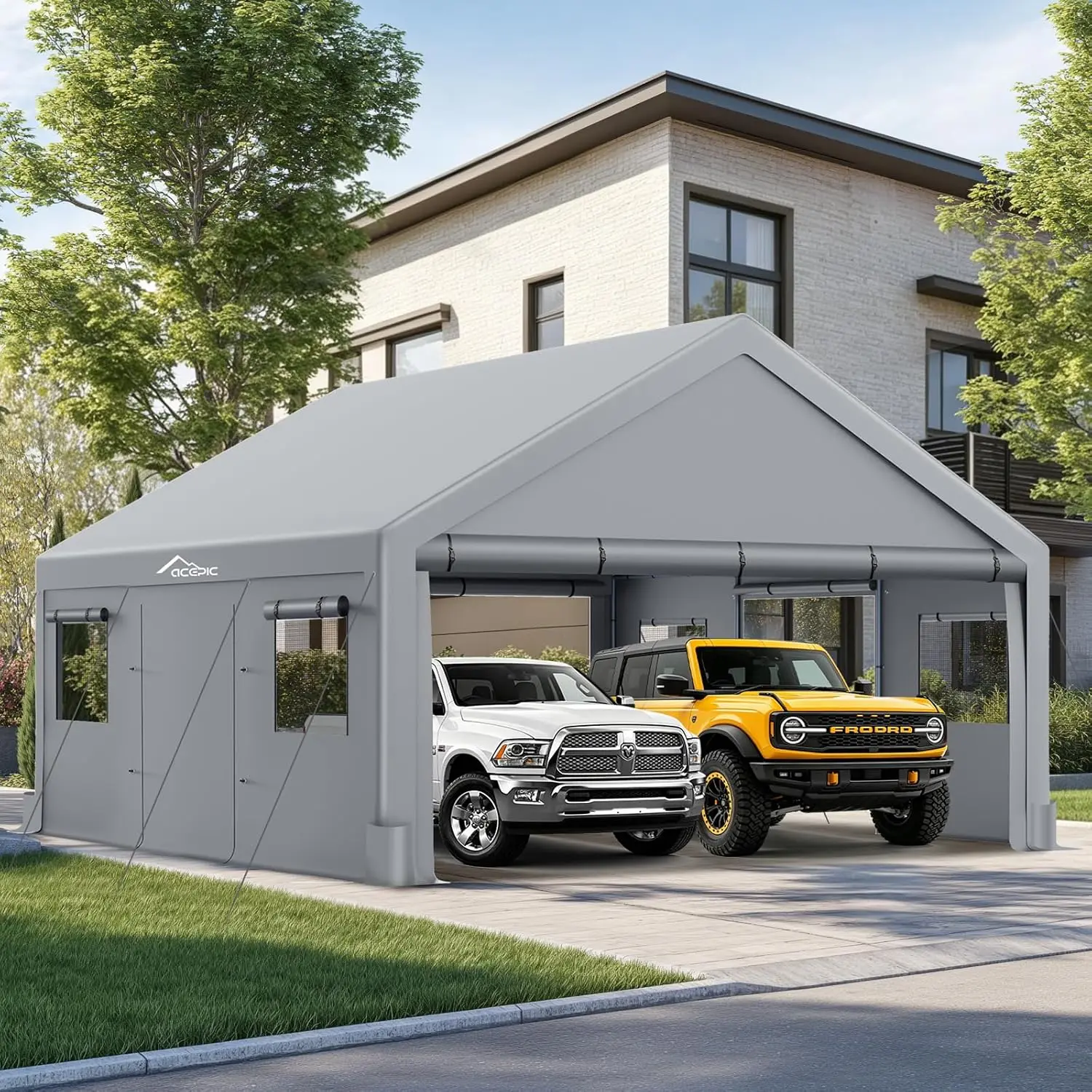 2 Car Carport Shelter – Features Roll-up Windows & Doors, Portable Garage with UV Resistant Waterproof All-Season Tarp