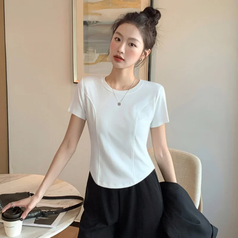 

French Short Top Threaded Slim White Irregular Fishbone Short Sleeve Headshirt Women Hundred Bottom Blouse