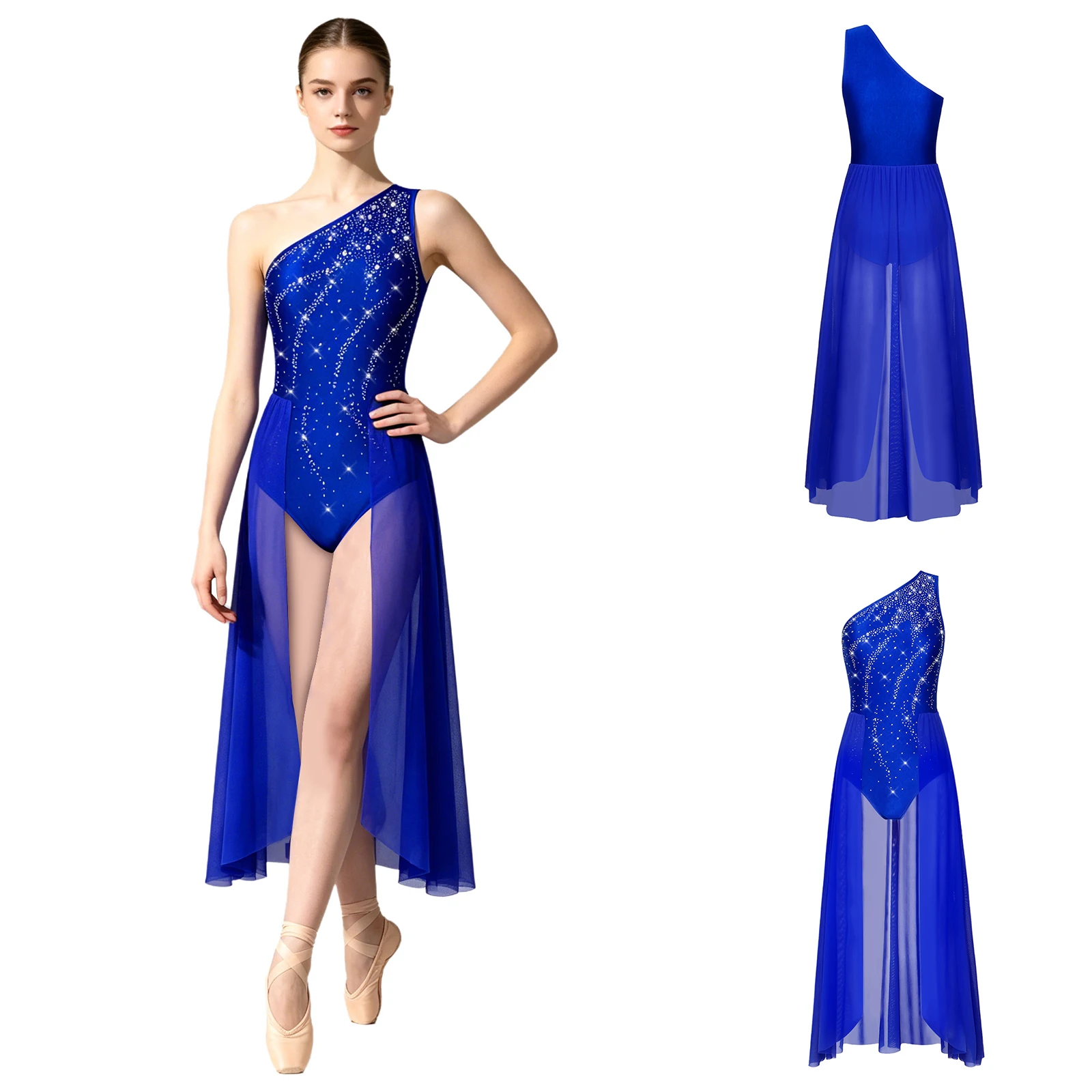 Women Modern Lyrical Dance Bodysuit Dress Sleeveless Rhinestone Split Mesh Leotard Ballet Skating Gymnastics Acrobatics Costume