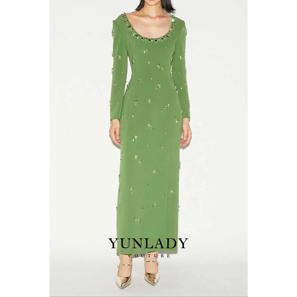 Luxury Saudi Arabian Women's Formal Party Dress Long Sleeves Apple Green Cocktail Dress Customized Wedding Party Guest Dress