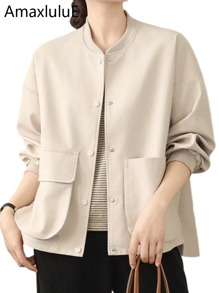 

Amax LuluE 2025 Autumn Females Classic Leisure Loose Faux Leather Jackets Ladies Fashion Vintage PU Coats Elegant V-neck Clothes