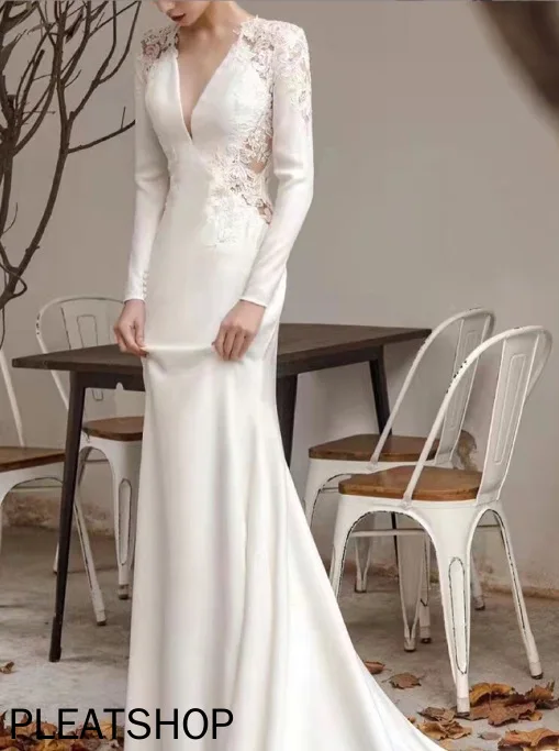 Women's Long Sleeve Satin Wedding Dress, Round Neck, Lace, Long Dresses for Party and Wedding, European and American, New