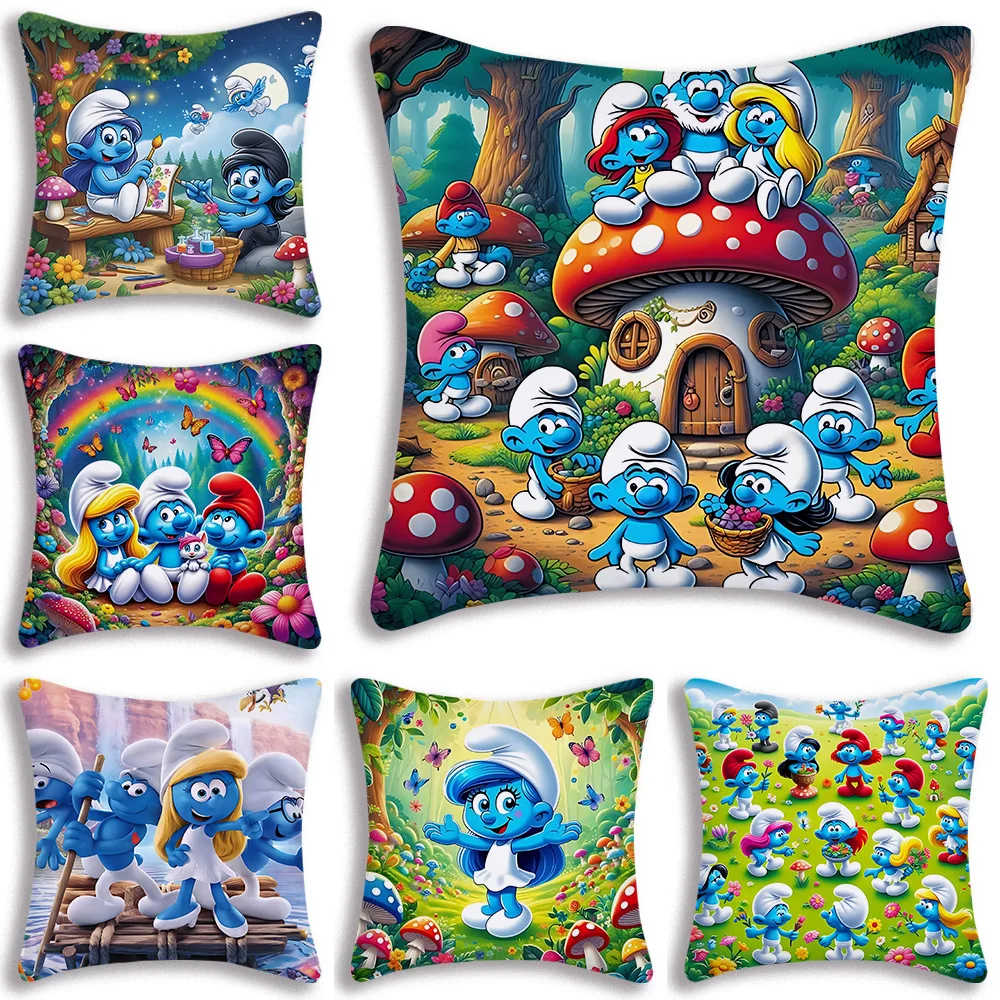 Pillow Covers Cartoon For S-Smurfs Sofa Decorative Home Double-sided Printing Short Plush Cute Cushion Cover