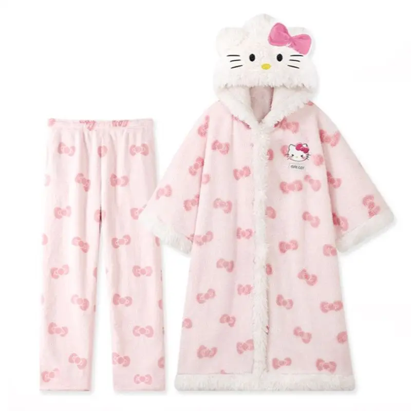 New Hello Kitty Autumn and Winter Hooded Shawl Pajamas Women's Flannel Pajamas Cute Fashionable Warm Thickened Home Clothes