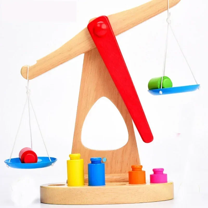 Wooden Balance Toy, Wooden Balance Scale Toy Math Learning Weighing Scale Kid Educational Tools with 6 Weights