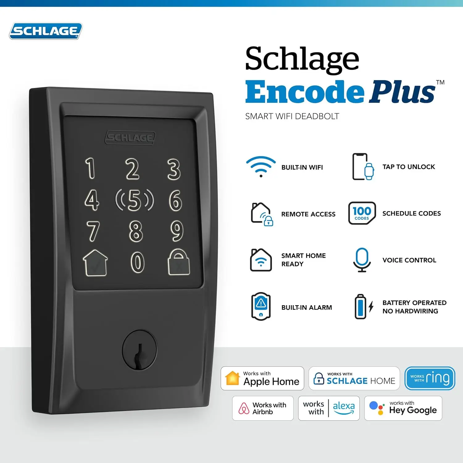 BE499WB CEN 622 Encode Plus Fechadura inteligente com fechadura WiFi, fechadura de porta com tela sensível ao toque de entrada sem chave com acabamento Century, preto fosco