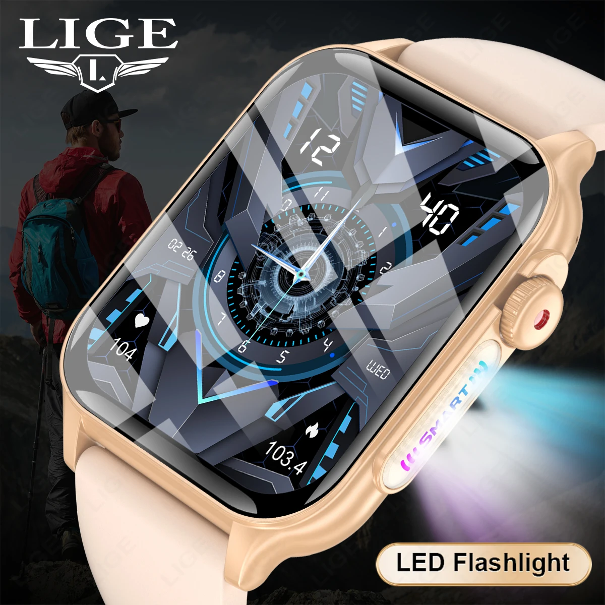 LIGE New 1.96'' HD Screen Men Smart Watches Bluetooth Call Waterproof Heart Rate Monitor LED Flashlight Outdoor Sport Smartwatch