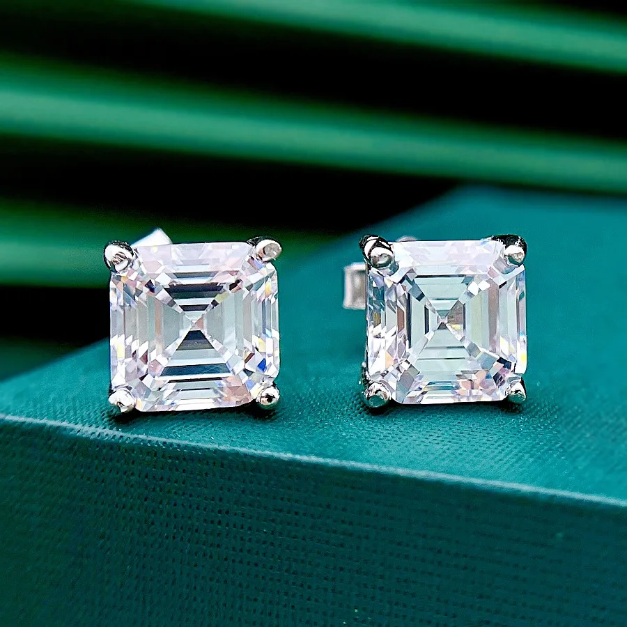 Classics 925 Sterling Silver Asscher Cut Created Moissanite Green Gemstone Wedding Simple Ear Studs Earrings Fine Jewelry Gift