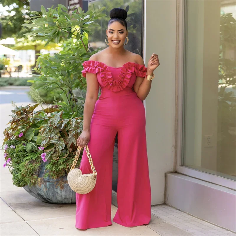 

Off The Shoulder Ruffles Women Sexy Wide Leg Jumpsuits 2024 Summer Backless Lace Up Loose Elegant Party Jumpsuit Ladies Rompers