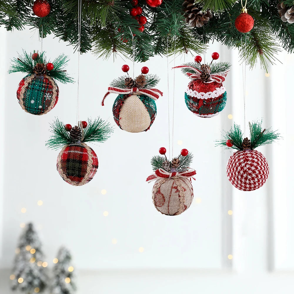 

2pcs 6cm Christmas Tree Decoration Plaid Ball Foam Ball DIY Wrapped Cloth Ball Party Christmas Decoration Pendant Hanging Balls