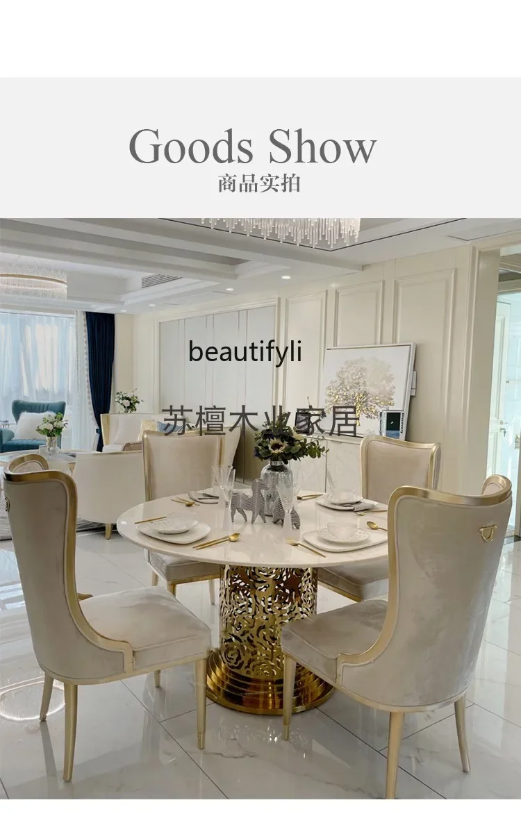 Q132 American light luxury round dining table small apartment stainless steel dining table and chair combination household marbl