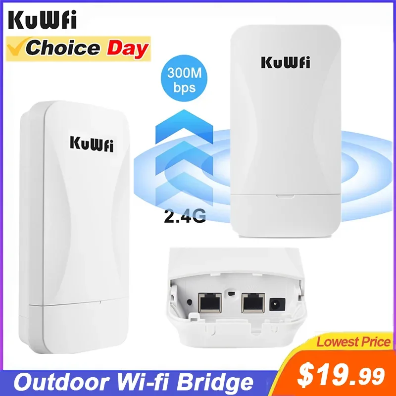 KuWFi 2.4G Wireless Bridge 300Mbps Outdoor CPE Wi Fi Signal PTP Long Range with 24V PoE Power IP65 Waterproof AP Repeater Mode