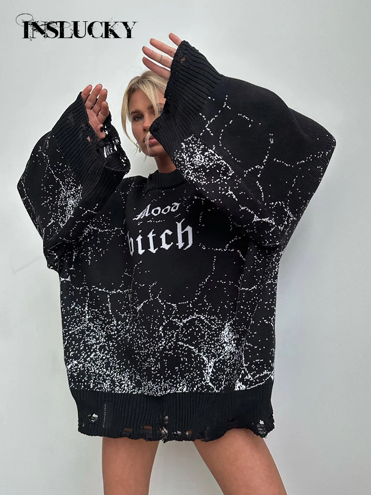 InsLucky-maglione oversize con stampa di lettere da donna, orlo scavato, dolcevita allentato, Pullover con pannelli, Streetwear Punk Casual, autunno