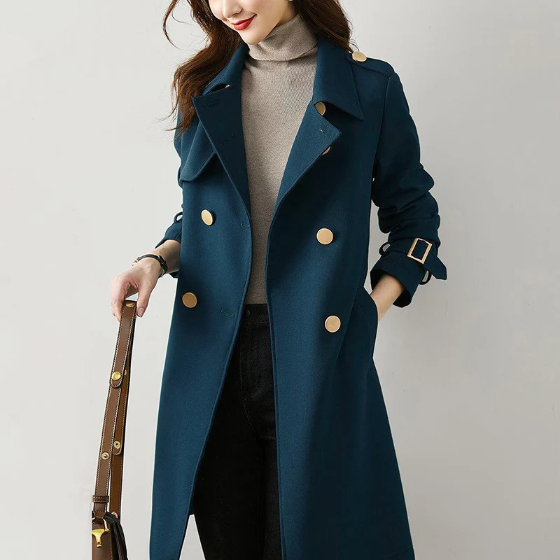 

Elegant Women Trench Coat Solid Casual Double Breasted Mid Length Jacket Office Ladies Oversize Windbreaker Streetwear Outerwear