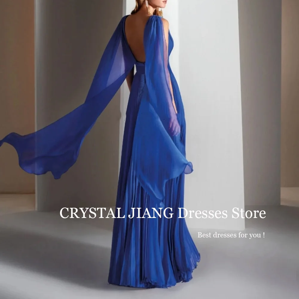 Classy Long Blue V Neck Chiffon Evening Dresses Full Sleeves A Line Pleated Floor Length Robes De Soirée