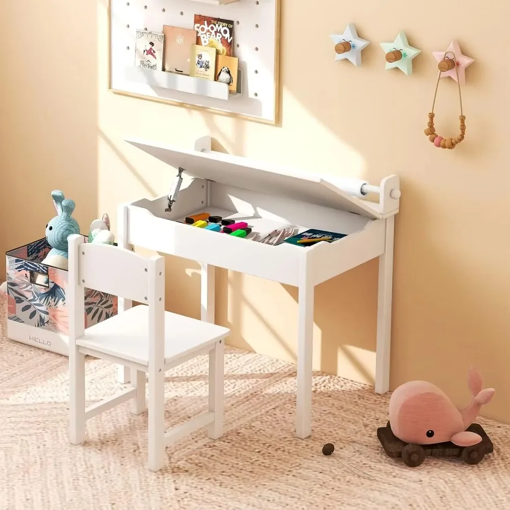 

Flip Top Kids Art Craft Table w/Chair for Playroom Kindergarten, Toddler Drawing Writing Desk Set w/Paper Roll & 2 Markers