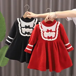 Infant Girl Autumn Winter Dress Knotbow Round Collar Kid Baby Girl Princess Dress Loose Ruched Lantern Sleeve Toddler Girl Dress