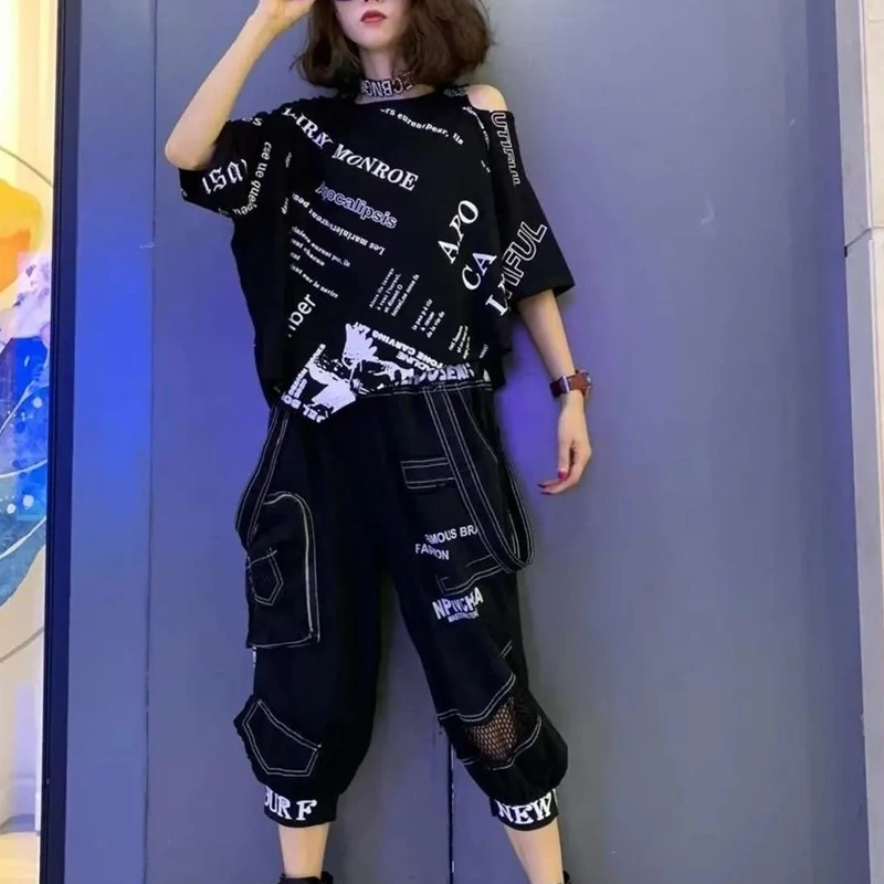 Summer New Ladies Suits Women Round Neck Half Sleeve Printing T-shirt Elastic Waist Pockets Hollow Out Patchwork Haren Pants