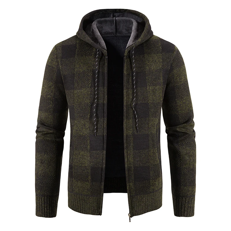 Autumn Winter Men's Plaid Sweater Thickened Cardigan Coat Sweater Outer Hooded Zipper Knit