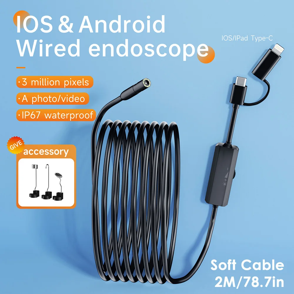 1080P Endoscope Camera IP67 Waterproof 2M Soft Wire Pipeline Inspection Borescope With 6 Adjustable LED For IOS Iphone Type-C