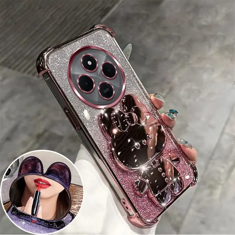 

POCO C75 Case with Mirror Holder Glitter Shockproof Cover For Xiaomi Redmi 14C 13C C65 Silicone Luxury Cases Stand Bracket Gift