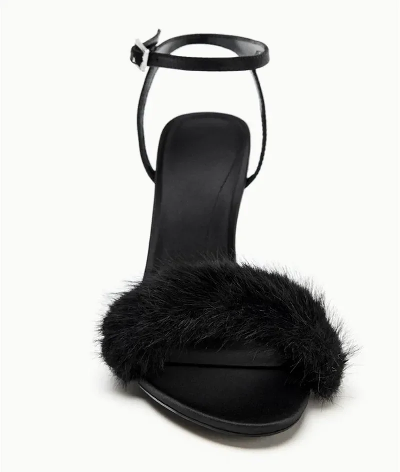 الفاخرة فو الفراء مصمم صنادل عالية الكعب المرأة مثير المفتوحة تو الكاحل حزام مشبك خنجر الكعوب أنيقة مأدبة فستان الأحذية #3