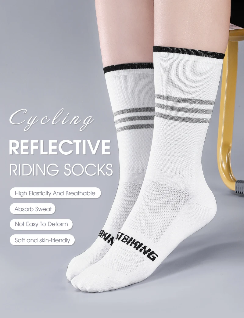 WEST BIKING Reflektierende Fahrradsocken für Männer und Frauen Schnelltrocknende Sportsocken Atmungsaktive Lauf- und Fahrradausrüstung EU-Größe 37-43 – Detail 1