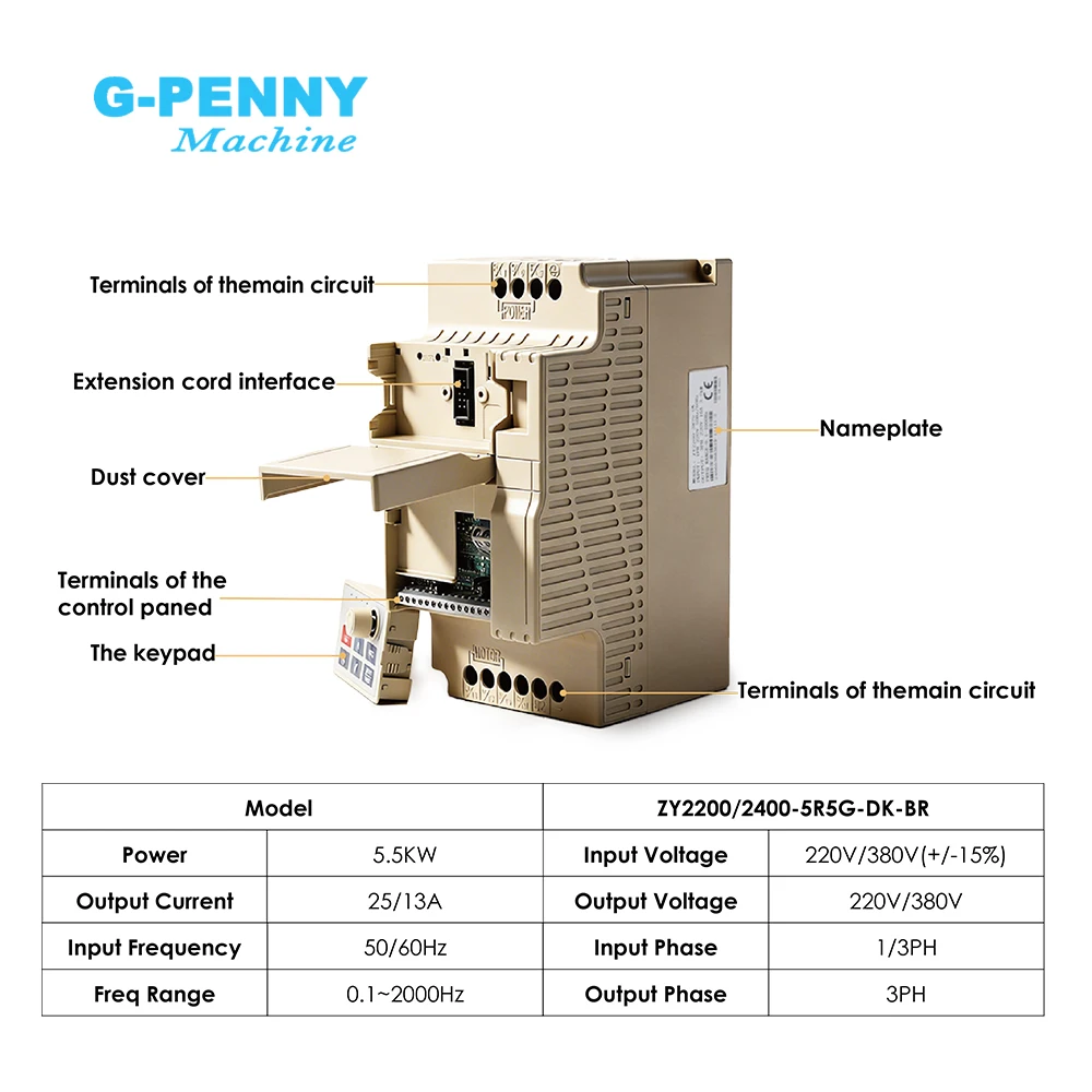 G-Penny 5.5kw‌ 220V/380V Vector Inverter ‌VFD 3 Phase Variable Frequency Drive Motor Speed Controller for CNC Machine