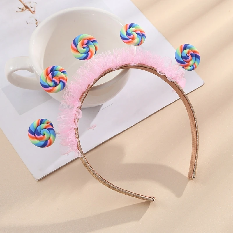 M2EA Children Day Toddler Hairband with Pleated Lace Lollipop Headbands Carnivals Amusement Park Children Hair Hoop