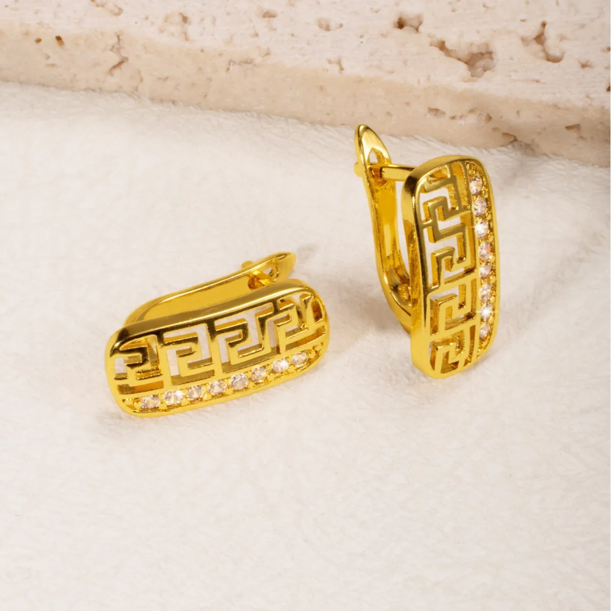 9999 Gold Chinese-style Zircon Earrings - Extremely Popular in Europe and America. Geometric-shaped  Creative Earrings
