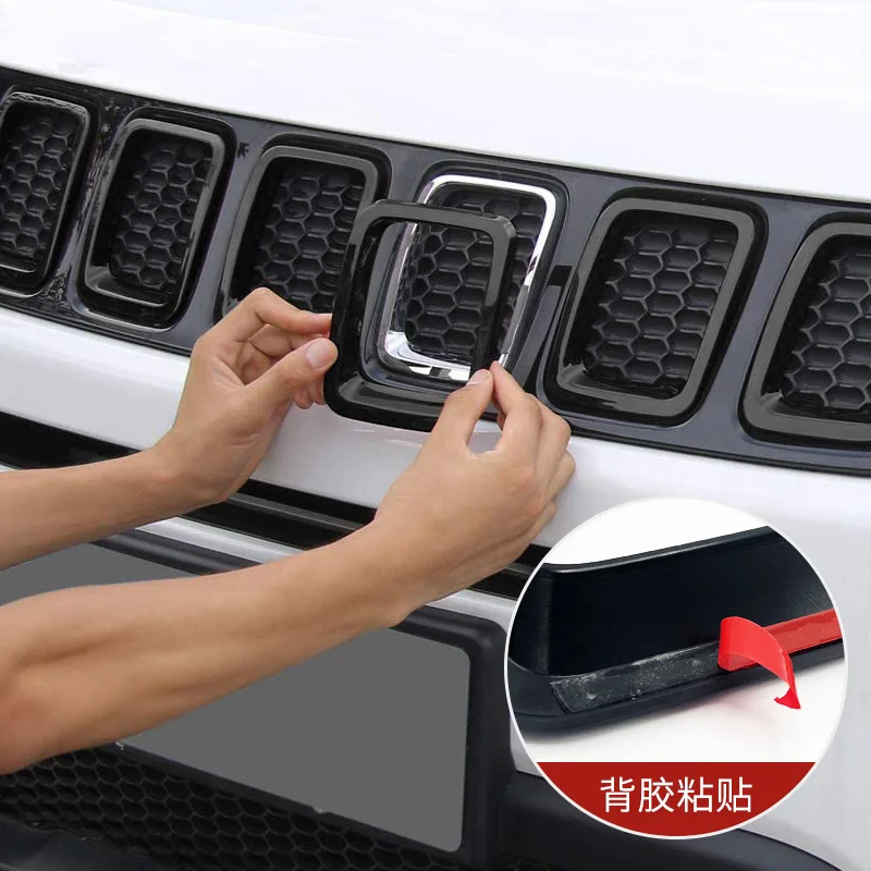 Car Accessory Front Grille Cover Grill Ring Inserts Frame Trims Kit Fit Suitable For Jeep Compass 2017-2020   Plastic Ventilatio