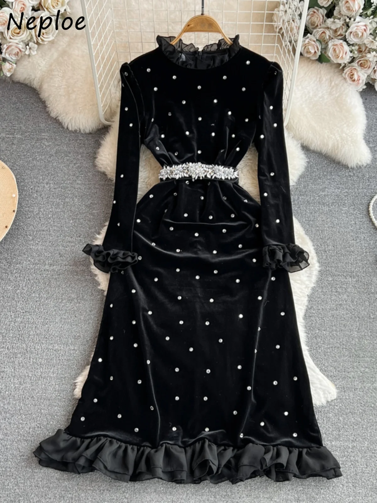 Neploe Elegant Flare Sleeves Vintage Stand Collar Chic Dot Print Rhinestone Slim Velvet Dress Korean High Street Clothing