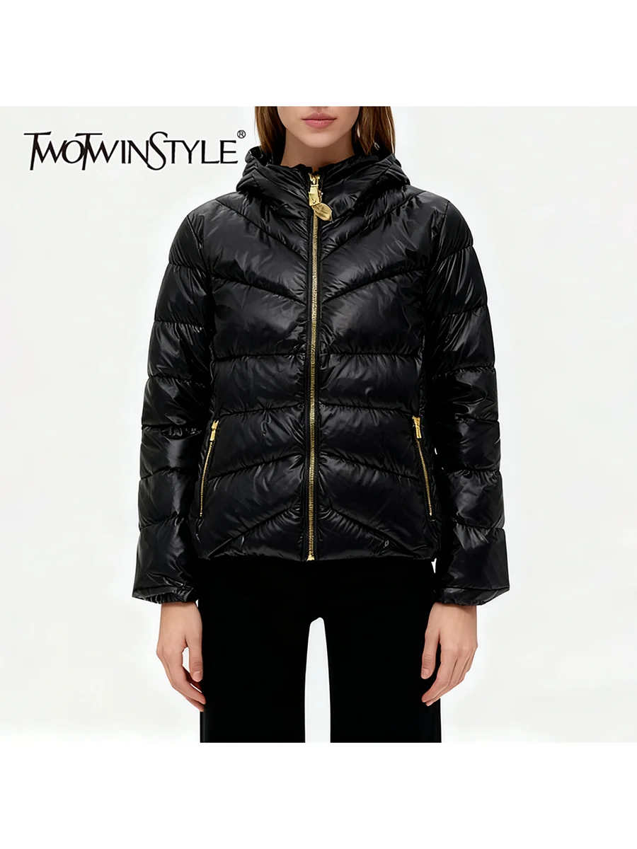 

TWOTWINSTYLE Solid Slimming Spliced Zippers Basics Parkas for Women Hooded Collar Long Sleeves Casual Parka Female Clothing New
