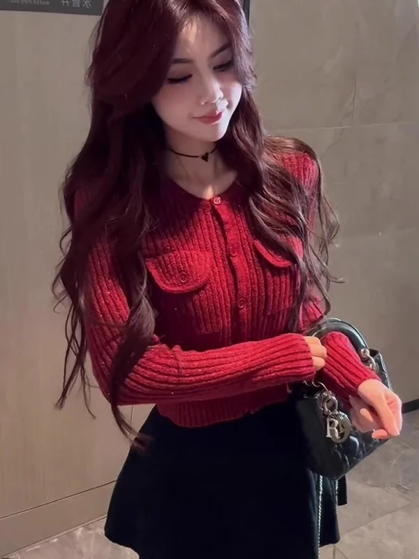 

Красный круглый вязаный свитер с длинными рукавами для женщин, облегающий, осенне-зимний, новый, повседневный, модный, короткий кардиган, трикотажная одежда