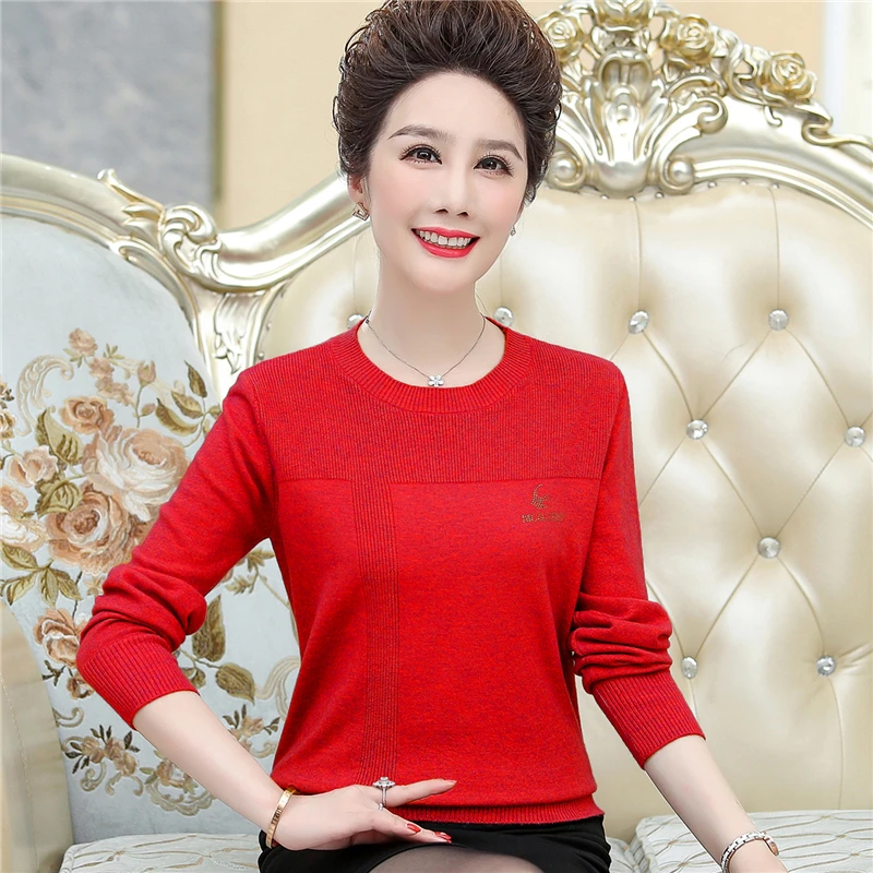 Women Spring Thin Sweater And Pullover Middle-aged Mother O-Neck Diamond Knitting Sweater Female Large Size Knitwear Shirt