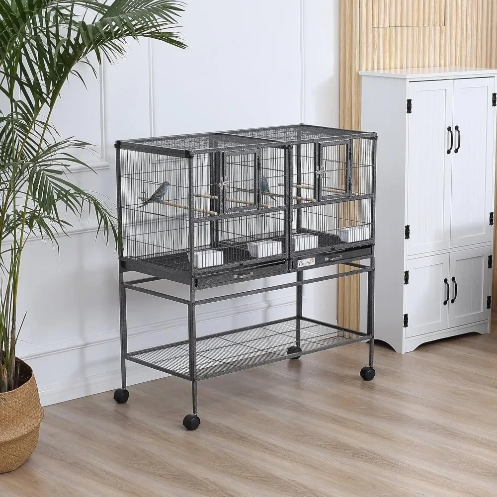 Bird Cage with Detachable Metal Tray, Storage Rack, Wooden Perch, and Food Container with Rolling Frame，Bird Cage