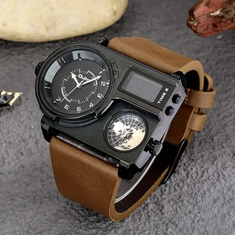 Casual Men Oulm Watch Big Case Two Time Zones Quartz Wristwatch Leather Bracelet