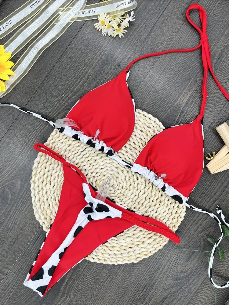 2025 Women Sexy Heart Print Bikini Set Halter Push Up Bra Triangle White Summer Bathing Suit Micro Swimwear Biquini Beachwear