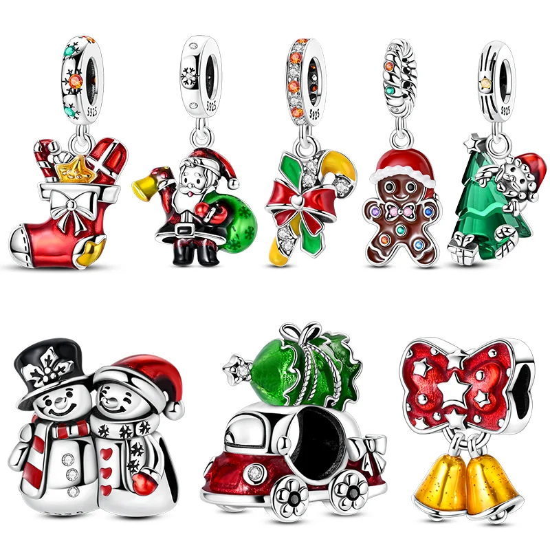 

Рождественская елка из стерлингового серебра 925 пробы, Санта-Клаус, снеговик, подвески, подвески, подходят для женщин, оригинальный браслет, сделай сам, Рождественский подарок