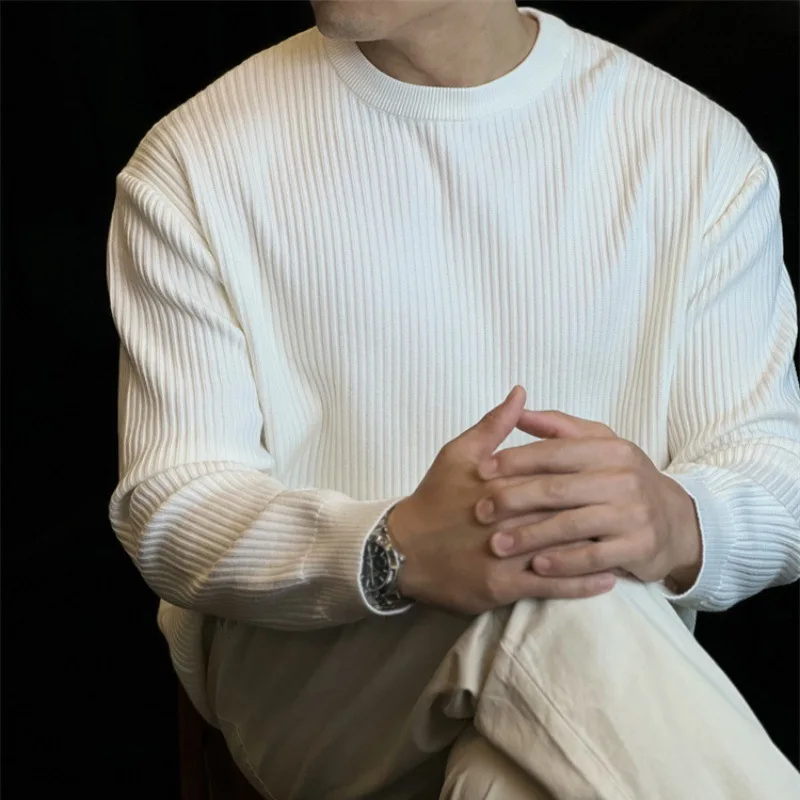 

Loose Long Sve round Ne Knitted Sweater Men's Base Layer T-irt Autumn Winter Casual Japanese Vertical Striped Knitwear