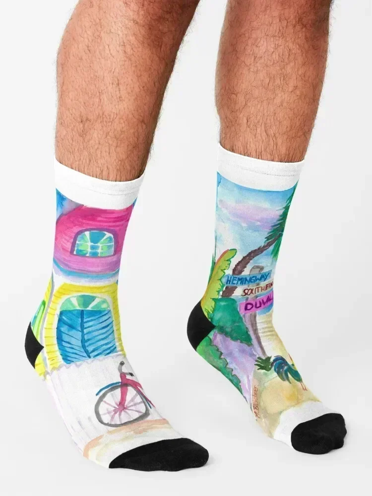 Yellow Conch House Tropical Street Scene With Bike and Rooster Socks Stockings Sports funny gifts Socks Girl Men's