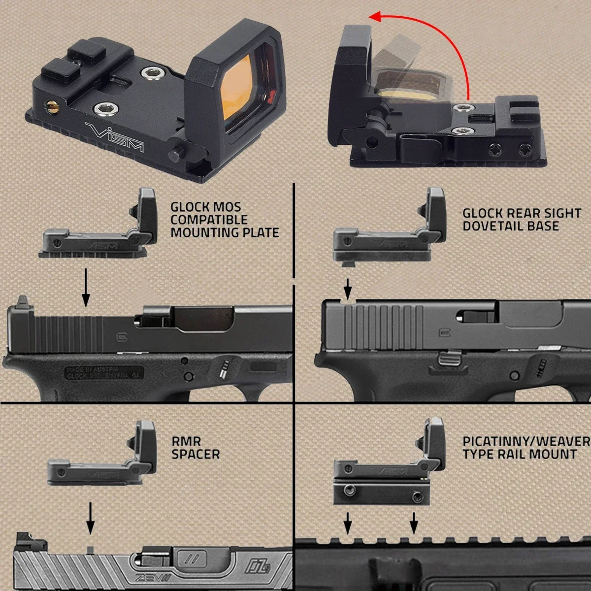 Tático rmr vism flip up red dot sight colimador 1913 montagem para glock 17 armas de airsoft riflescope 20mm trilho escopo