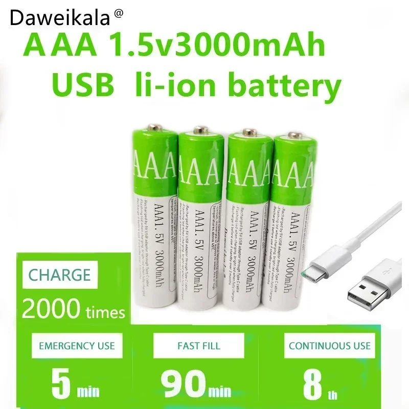 New2024 USB AAA Rechargeable Batteries 1.5V 3000 MAh Li-ion Battery for Remote Control MouseElectric Toy Battery + Type-C Cable