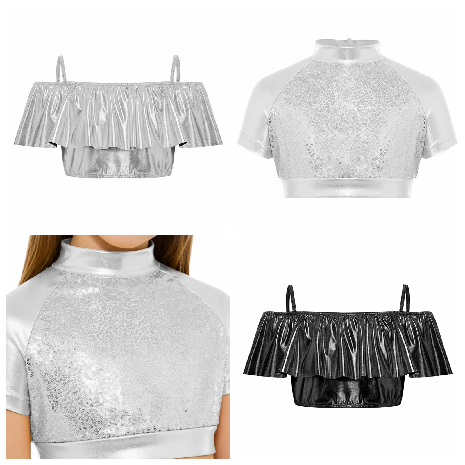 

70s Disco Costume Short Sleeve T-shirt Sequins Crop Top Girls Jazz Dance Costume Kids Metallic Dance Top Rave Hip Hop Outfit