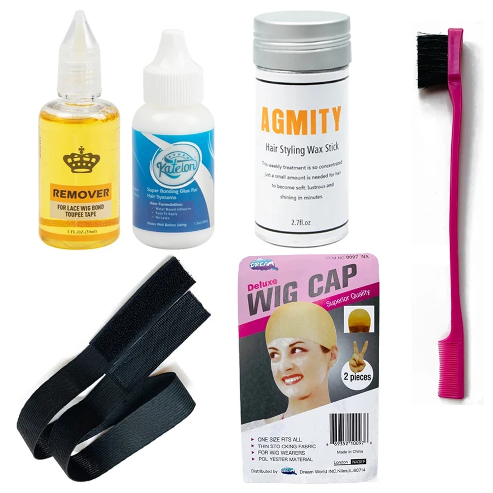 

Набор для установки париков из 7 предметов: воск для фиксации кружевной части парика, щетка для укладки краев, средство для удаления клея, лента для сцепления парика с головой, шапочки для установки париков