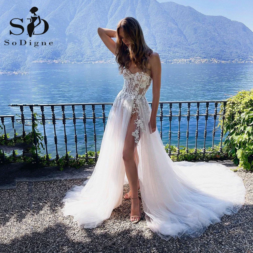 Sodigne boho vestidos de casamento glitter tule renda apliques a linha lado split vestido de casamento corset querida vestido de noiva