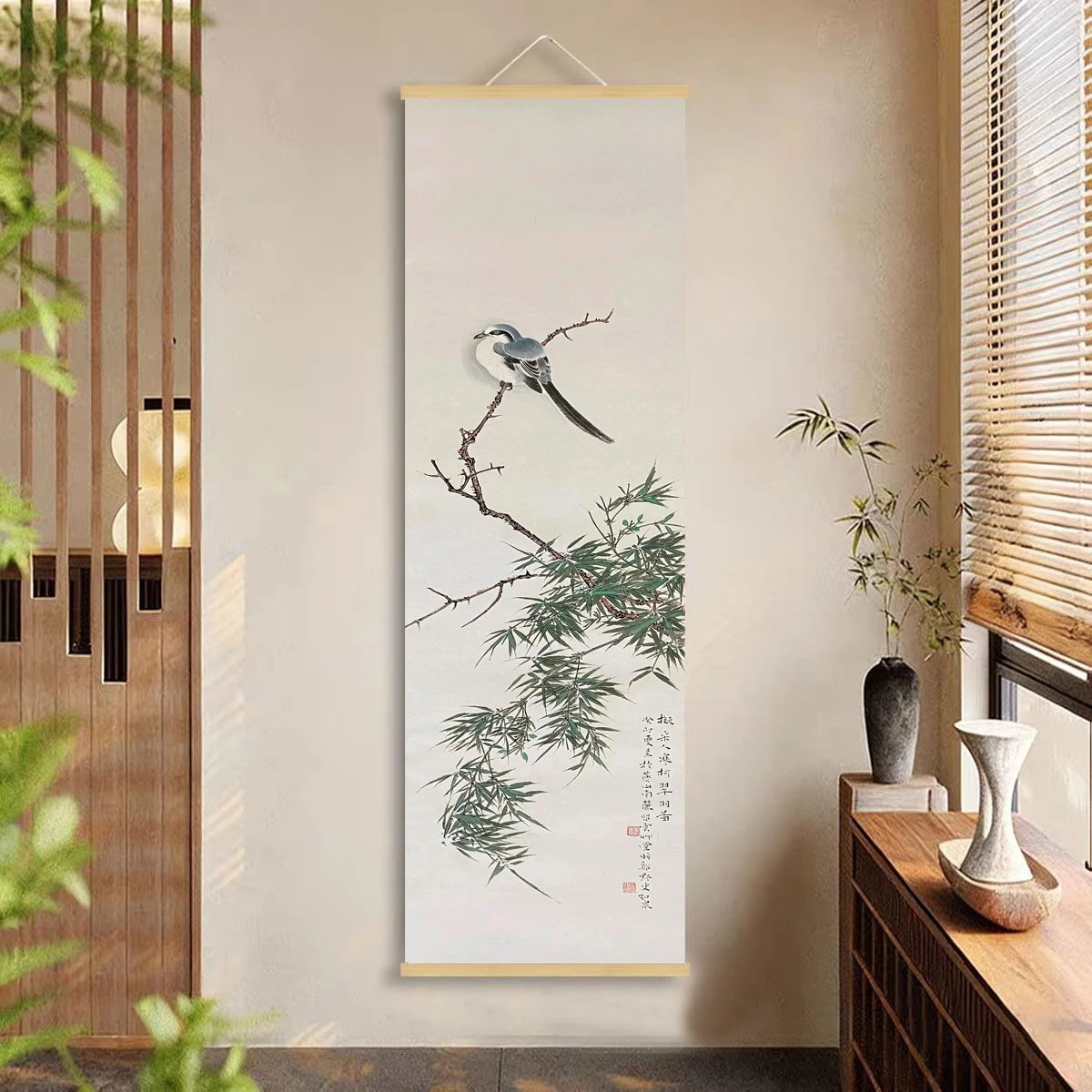 Traditional Chinese bird and bamboo painting hanging, living room and office decoration painting