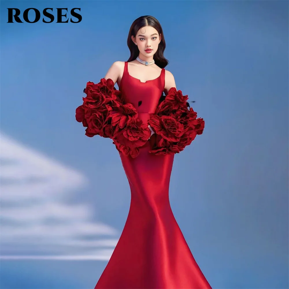 

ROSES Burgundy Mermaid Formal Dresses Stain Party Dress For Wedding 3D Flower Special Occasion Dresses robe soirée Customized